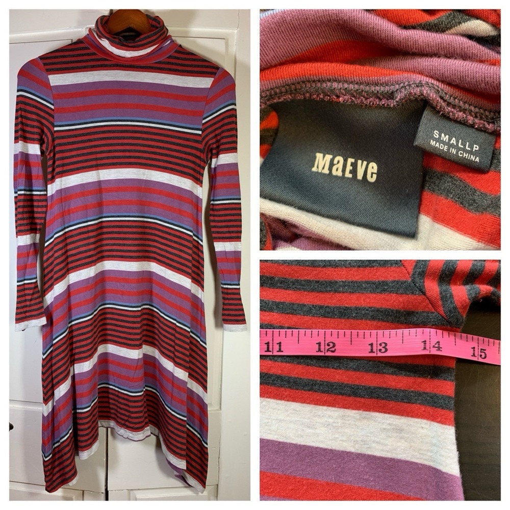 Maeve Anthropologie Dress Small‎ Petite SP PS Swing Knit Striped Turtleneck READ
